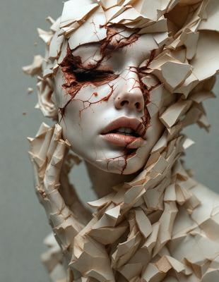 The primary subject of the image is a woman with a broken nose, who is wearing a mask made of paper. The setting is a room with a wall, and the visual style is a combination of digital art and illustration. The colors and mood of the image are dark and dramatic, with the woman's face being the main focus.